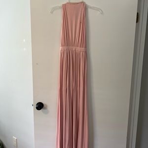Pink High-Neck, Open Back, Slitted Maxi